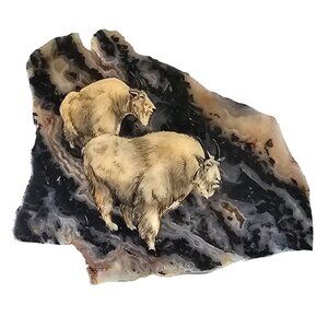 Hand-Painted Mountain Goats On Stone-Polymer Coated Plaque By Carolyn Mock